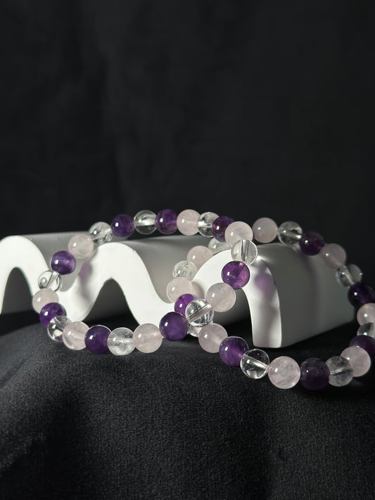 Bracciale 3 Quarzi, Rosa, Ialino Ametista - Amore, Positività e calma