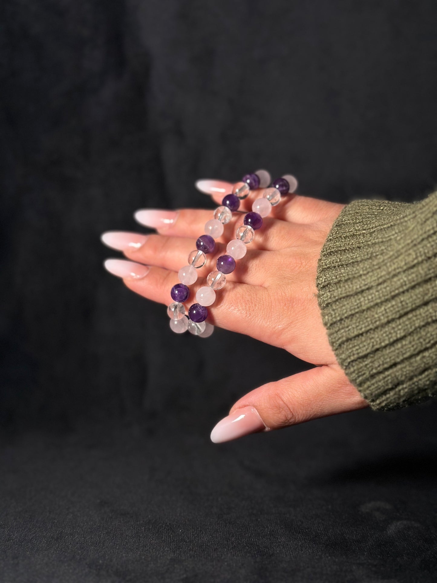 Bracciale 3 Quarzi, Rosa, Ialino Ametista - Amore, Positività e calma
