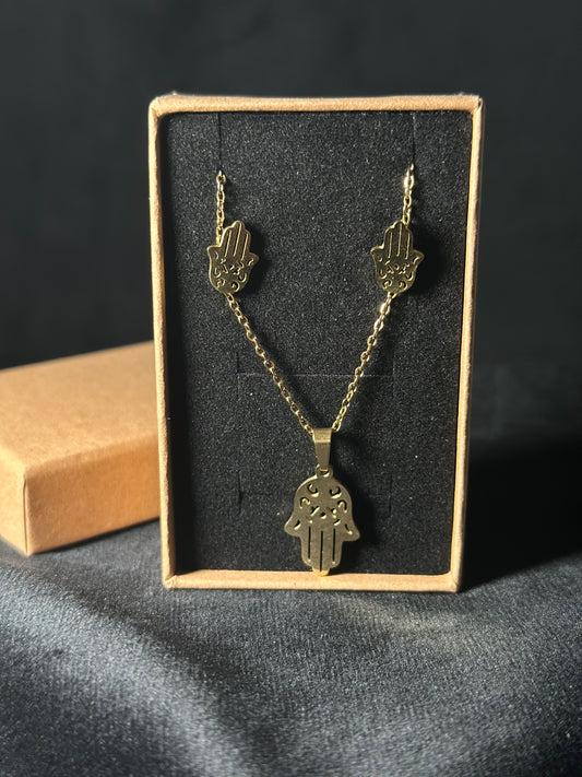 Set collana e orecchini Mano di Fatima in acciaio inox dorato