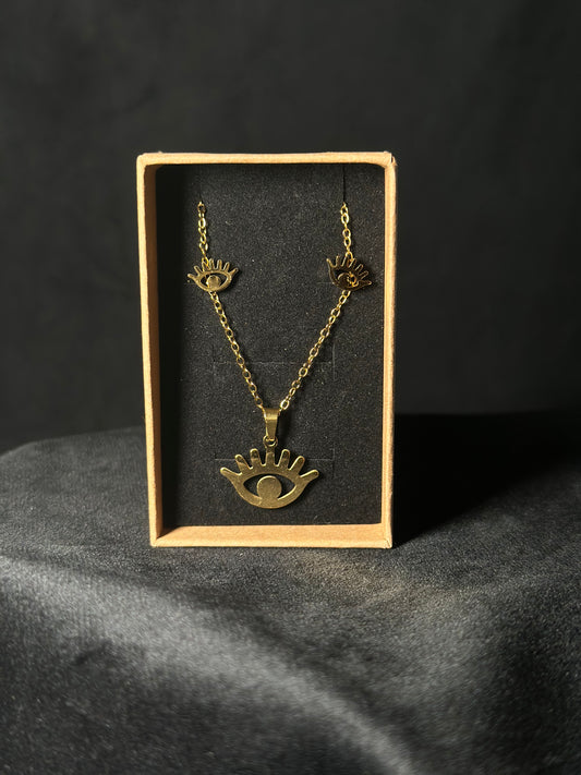 Set collana e orecchini in acciaio inox dorato – Occhio Portafortuna